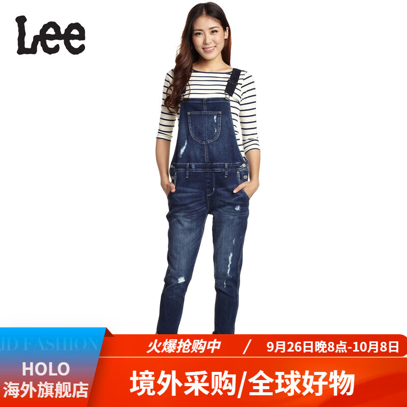 Lee牛仔背帶褲女連體修身顯瘦磨破休閑減齡24春秋季 藍(lán)色 肩帶深藍(lán)色 XS