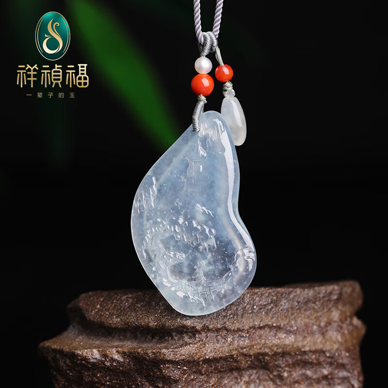 祥祯福珠宝(xiangzhenfu jewelry)翡翠吊坠男女玉牌玻璃种雪花棉山水