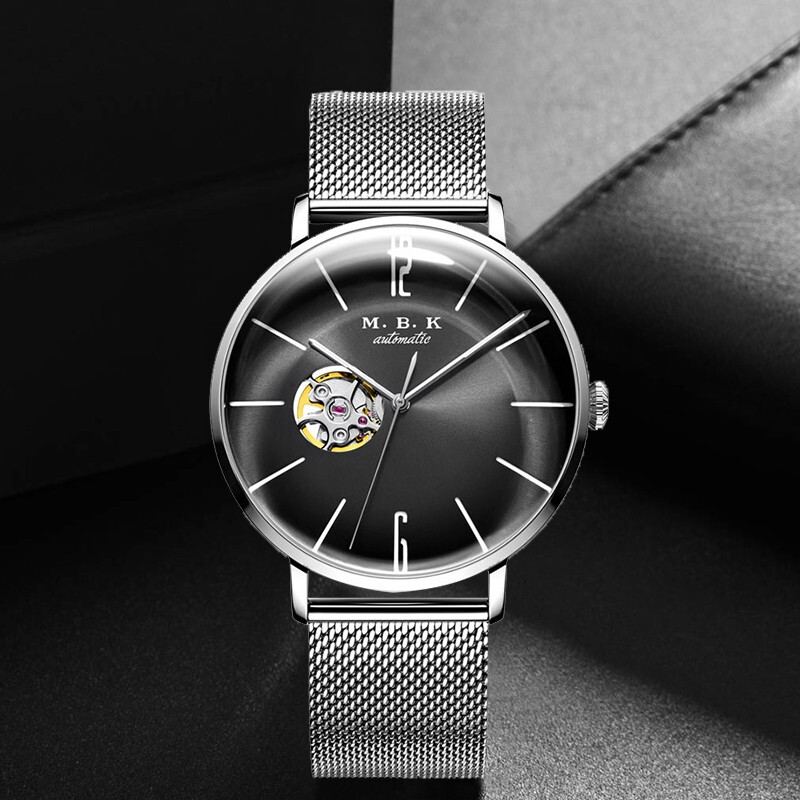 M.B.K美国品牌进口手表男士机械表镂空全自动3D弧面夜光防水潮流男腕表 米兰钢带/黑面/【进口机芯】