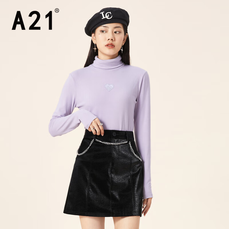 A21女装针织磨毛修身高领长袖衫 淡紫 M
