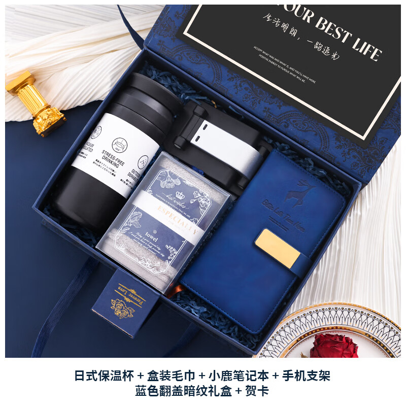愛美禮伴手禮盒商務(wù)實(shí)用公司團(tuán)建新人入職小禮品定制送員工退休禮物男士 蔚藍(lán)保溫杯毛巾本子套裝