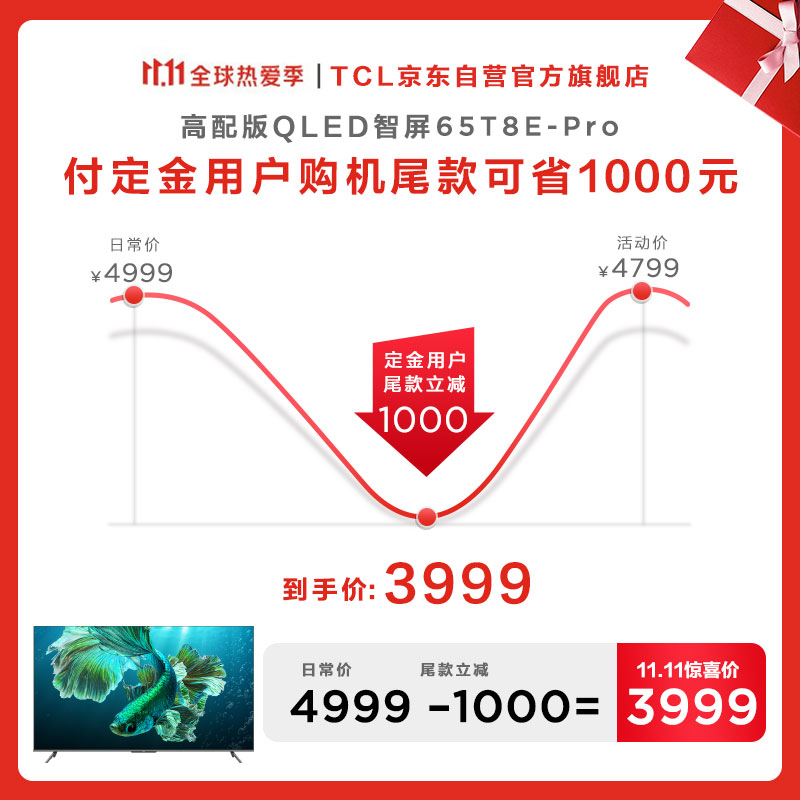 TCL电视 65T8E-Pro 65英寸 QLED原色量子点电视 4K超高清 超薄金属全面屏 3+32GB 液晶智能平板电视 以旧换新