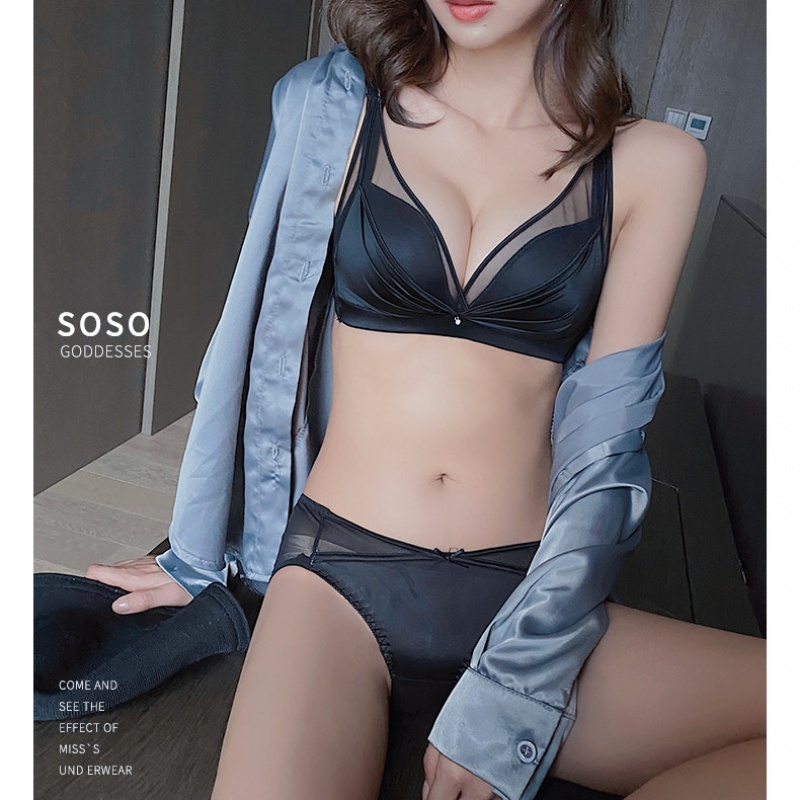 猫惑品牌维多利亚内衣女无钢圈胸罩小胸聚拢收副乳调整型文胸套装奶罩 黑色套装 75A