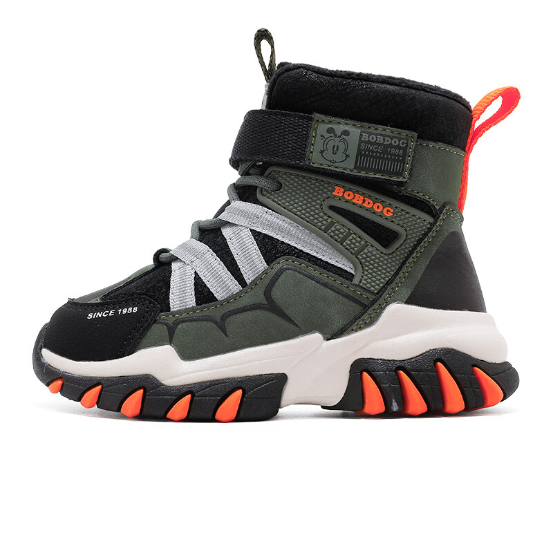 巴布豆童鞋冬季加绒保暖儿童靴子男童二棉鞋女孩软底雪地靴 黑/军绿 33 适合脚长20.3cm