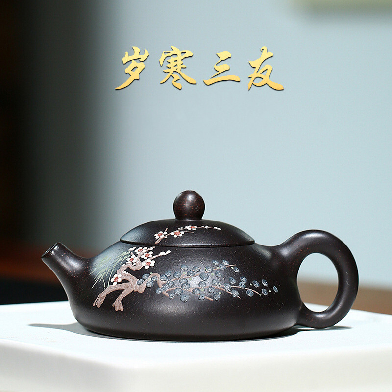 玘瑄原矿宜兴紫砂壶手工功夫茶具泥绘茶壶黑金砂壶 岁寒三友黑金砂17