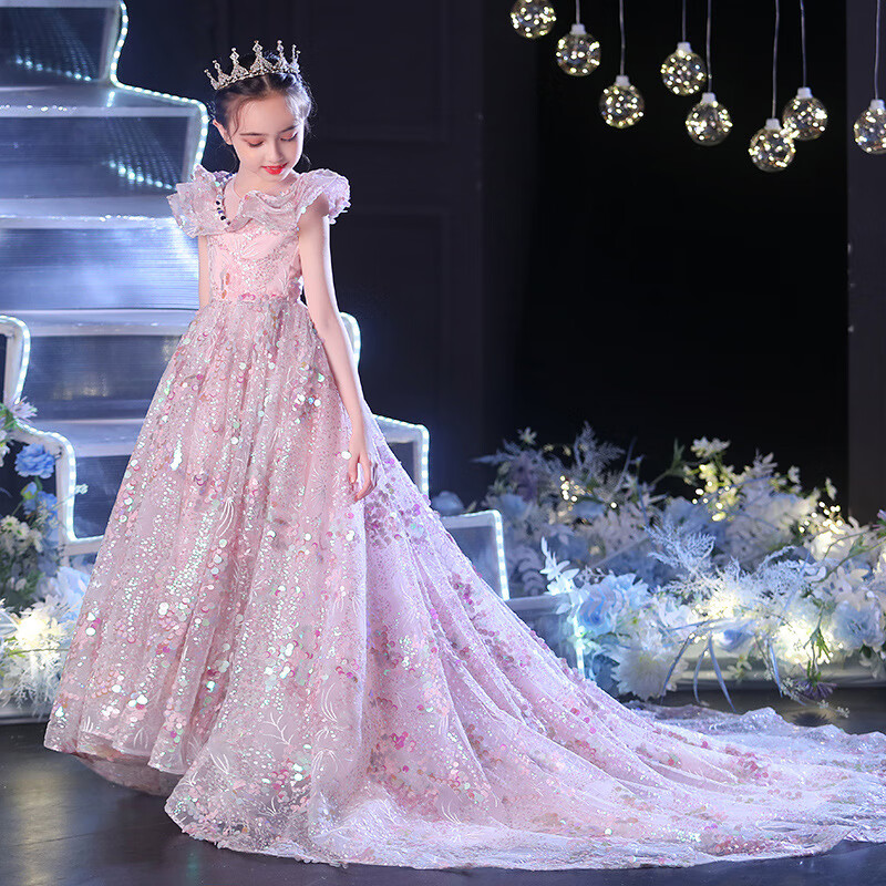 因乐图女童公主裙2022秋季儿童模特走秀演出服装小主持人粉色晚礼服
