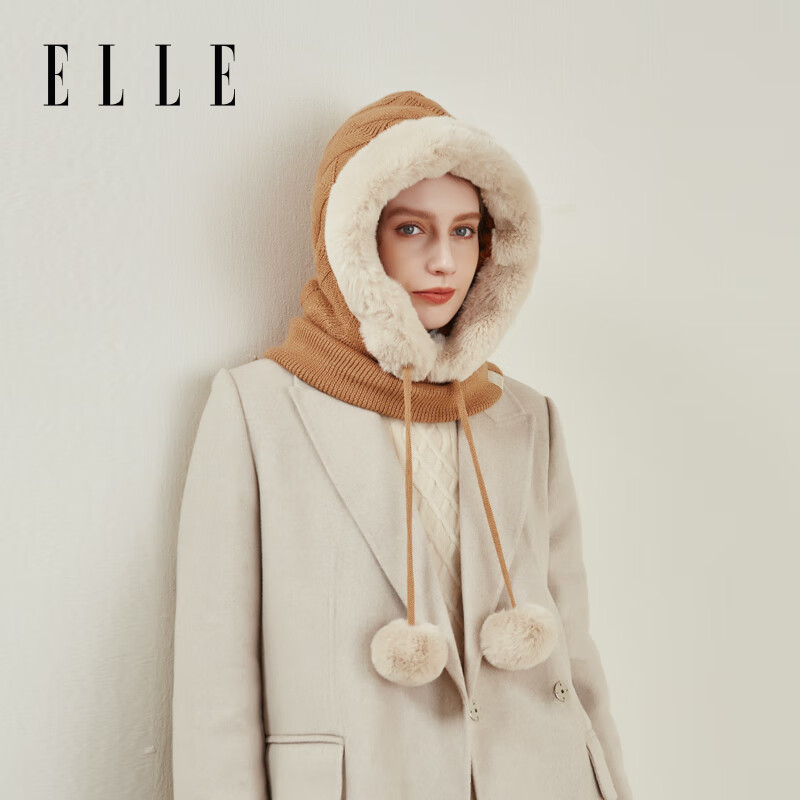 ELLE羊毛套头帽女士秋冬季户外保暖加绒加厚护耳针织雷锋帽子 棕色