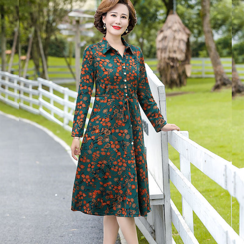 宁墅带领的中老年人连衣裙妈妈连衣裙中长款遮肚春秋碎花长袖2023新款