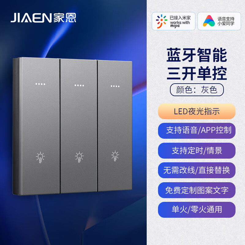 家恩（JIAEN）远程智能语音App开关面板蓝牙mesh图文刻字家用语音开关支持米家 三开单双控通用