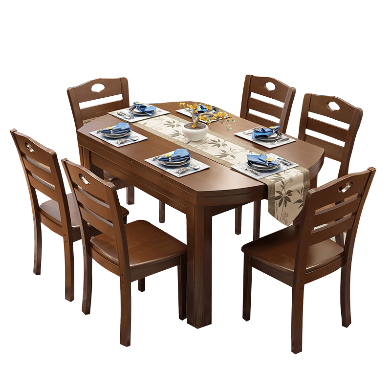 尊禾 餐桌 实木餐桌椅组合可伸缩折叠中式圆形吃饭方形桌子 胡桃色1桌6椅Z608