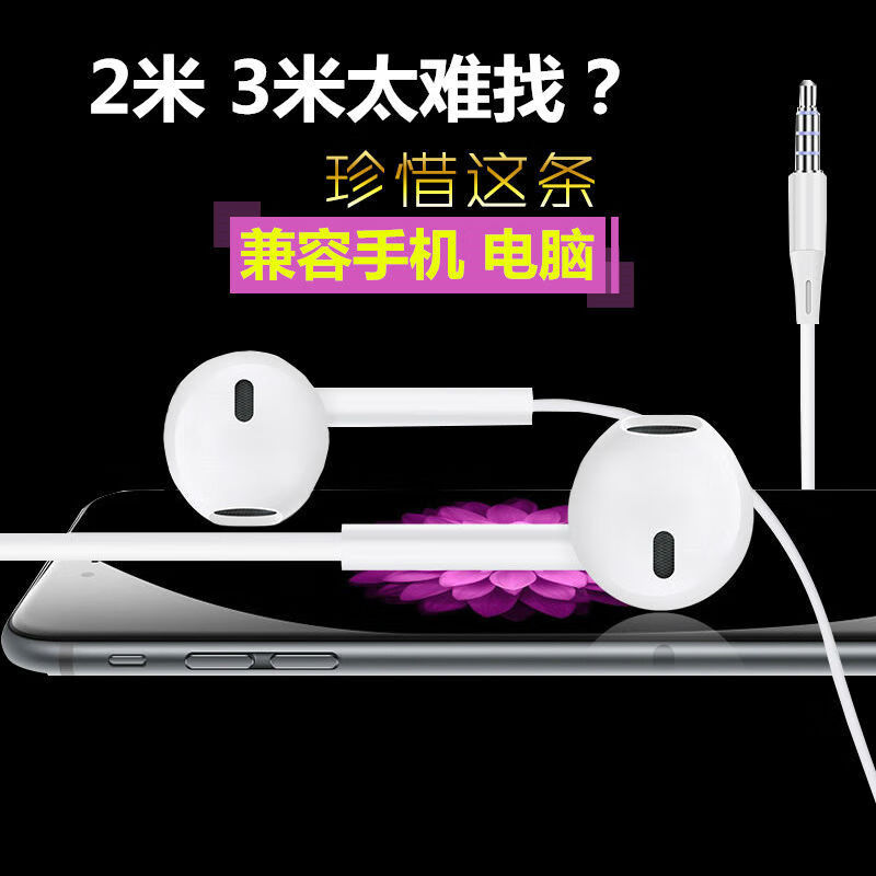 RSRDDY 电脑耳机入耳式带麦有线2米3米语音加长线直播声卡专用双插头 2米【白色】单插头 标配