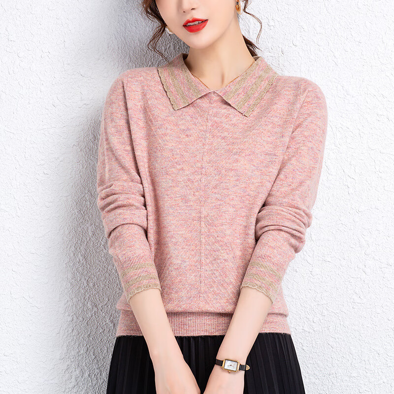 歌米拉 翻领针织衫女上衣春秋新款女士毛衣时尚打底衫 粉色 m
