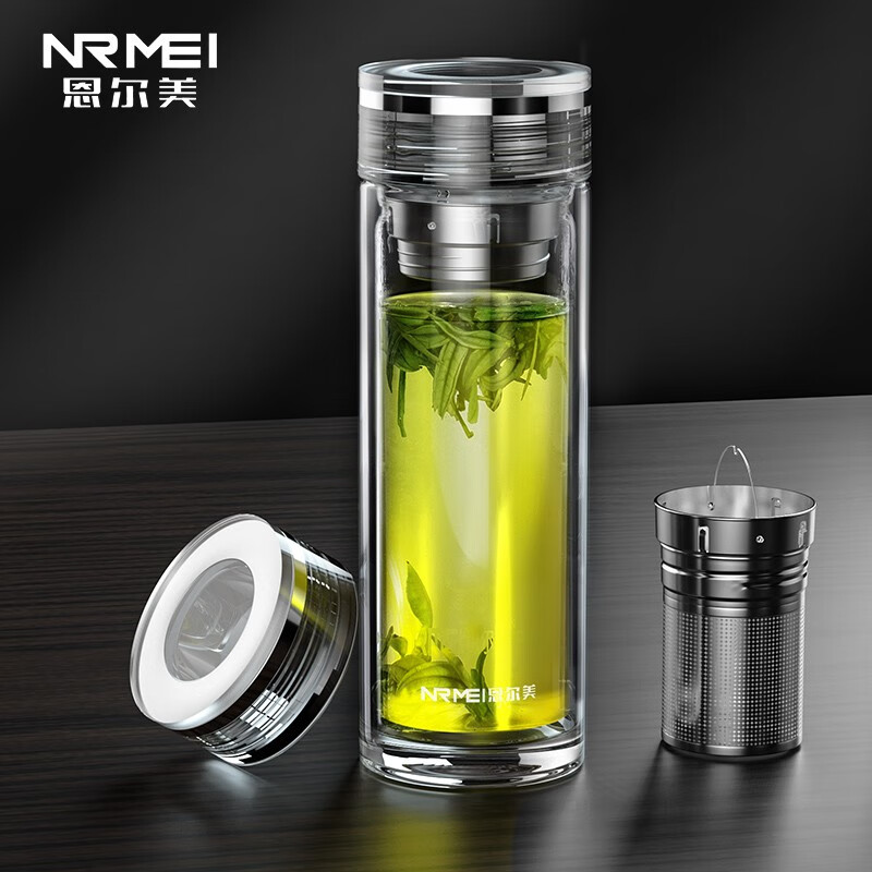 恩尔美（nRMEi）双层玻璃杯茶水分离泡茶杯高档商务车载杯子送礼玻璃水杯男 适中适量400ML【礼盒装】