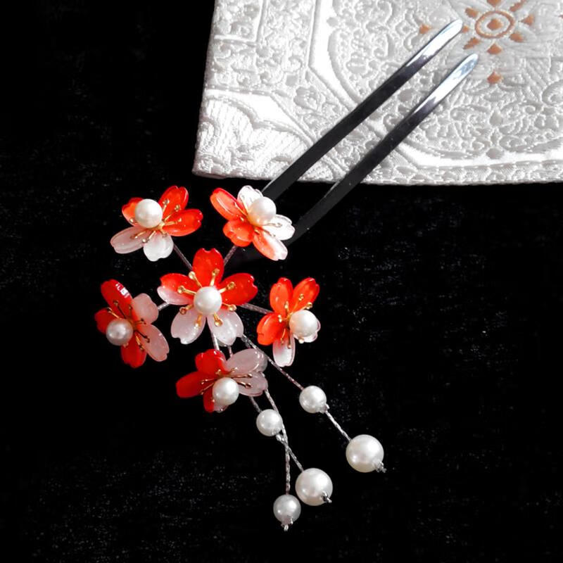 簪子日式樱花发簪古典簪子和风发饰头饰流苏簪和服盘头品 红色