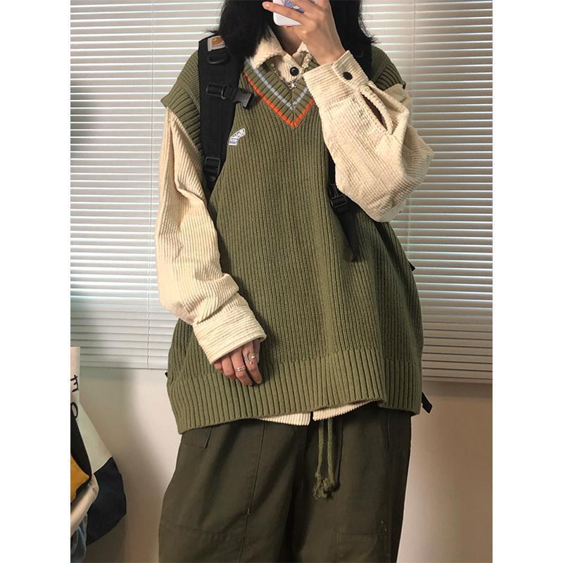 针织衫马甲两件套装外穿小个子复古日系宽松v领毛衣上衣女 军绿色马甲