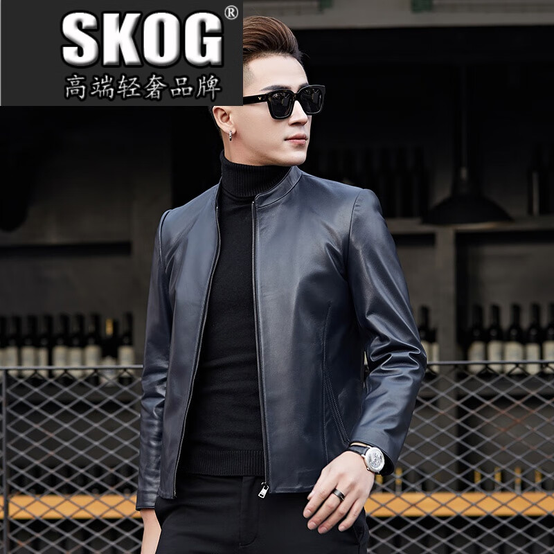 sk og国际品牌轻奢男装2021海宁真皮皮衣男短款立领绵羊皮夹克机车