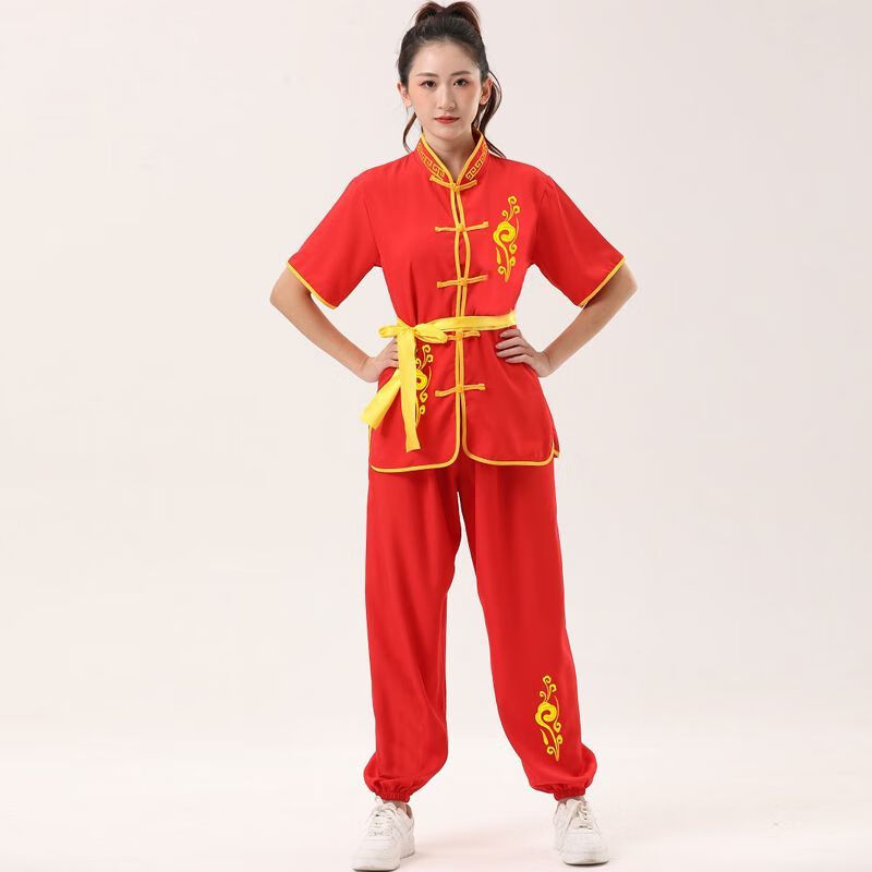 太极学生刺绣中国风武术功夫练功服表演服 红色短袖 祥云款系的腰带