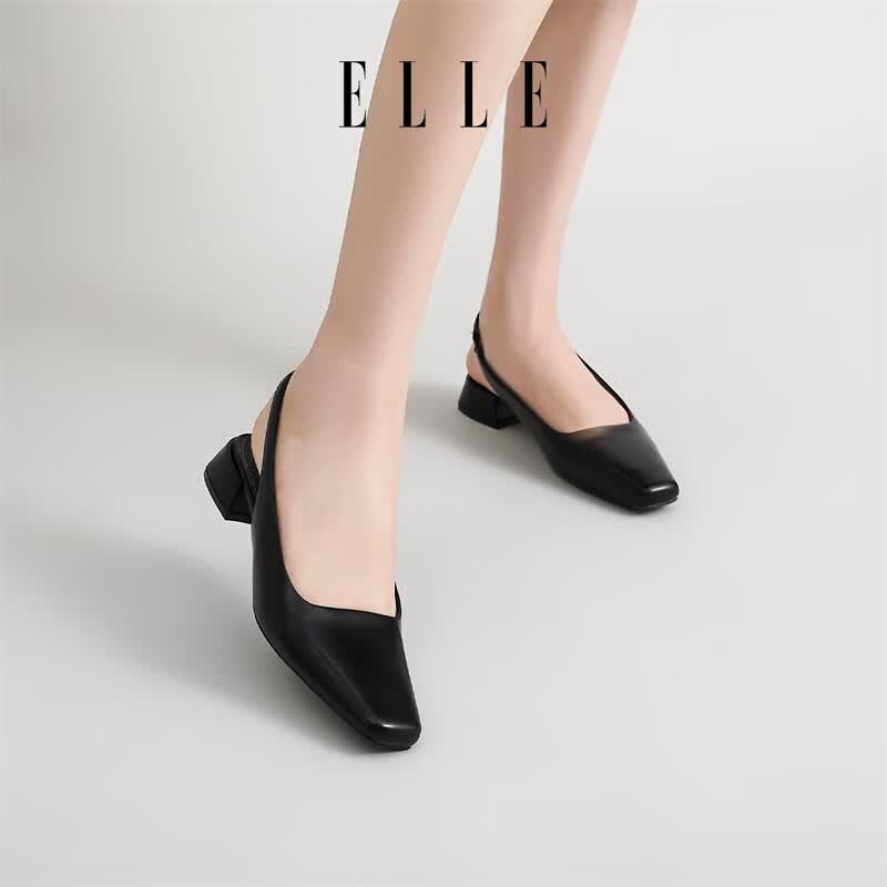 ELLE官方女鞋新款包头凉鞋女法式方头单鞋通勤低跟鞋子 黑色 3cm 38 (240mm) 标准码