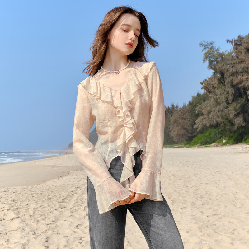 乐町甜辣废土风条纹肌理感荷叶边衬衫夏季新款辣妹收腰衬衣 棕色(现货) M