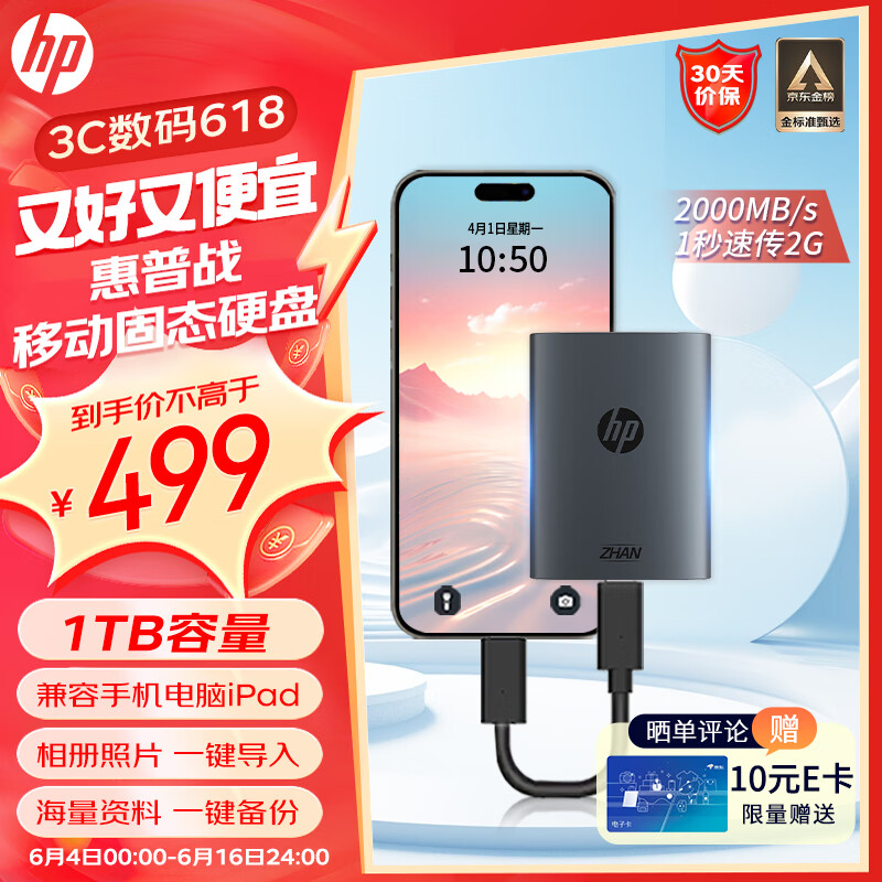 惠普（HP）1TB 战移动固态硬盘 2000MB/s高性能读写Type-C便携差旅高速传输 外接手机直连迷你硬盘 灰色