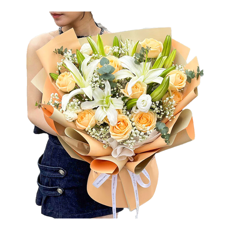 領(lǐng)香春節(jié)鮮花速遞香檳玫瑰花束表白送女友老婆生日禮物全國同城配送 11朵香檳11朵白百合花束