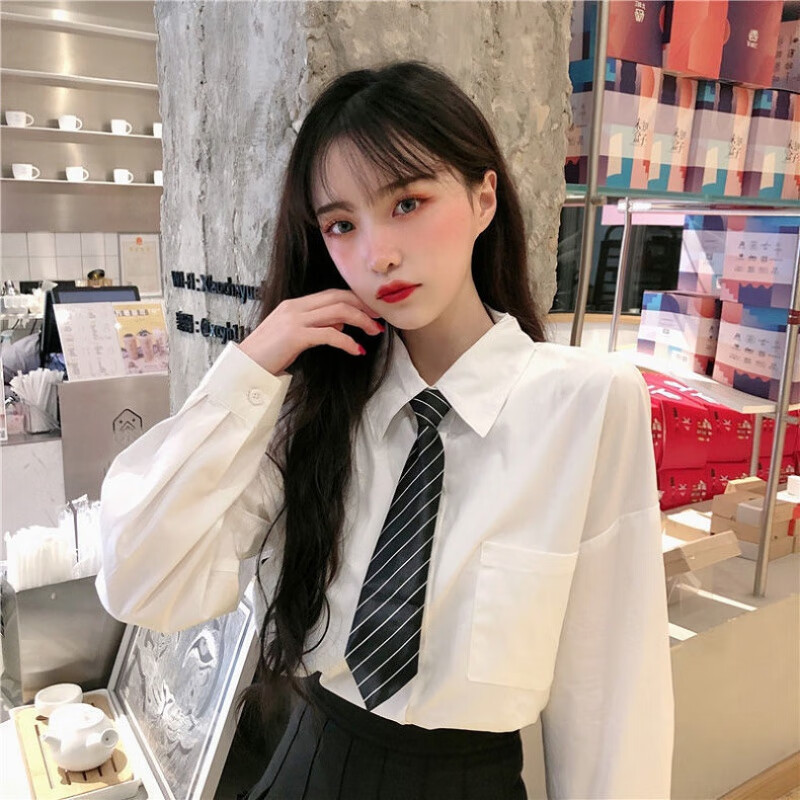 ikvvt初中高中生衬衫女学生学院风长袖秋季韩版白色上衣百搭宽松衬衣