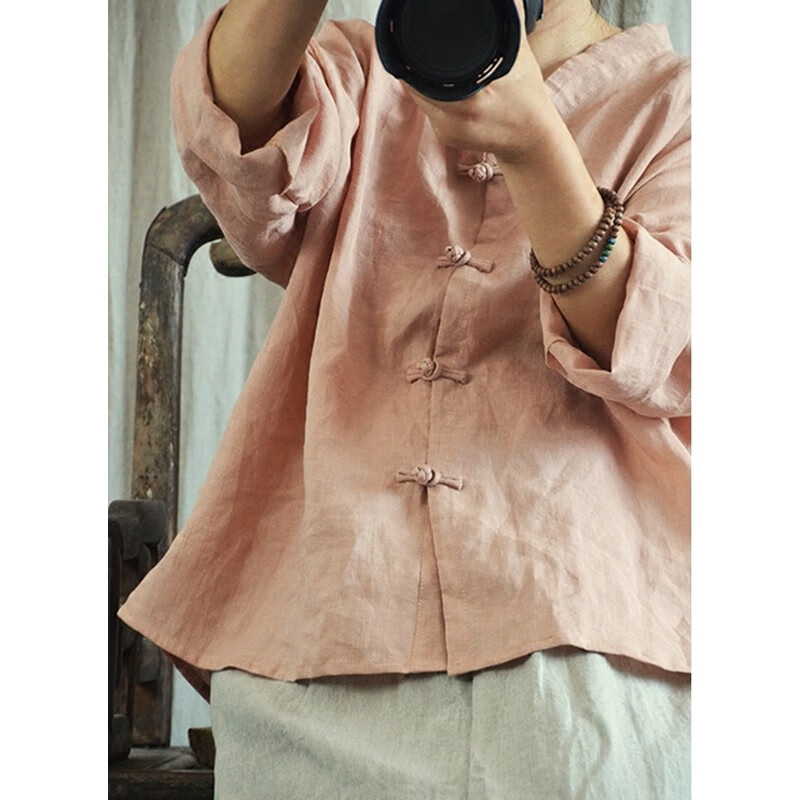 知筆墨原创中国风女装七分袖苎麻衬衫中长款文艺复古宽松立领唐装上衣秋 肉粉色