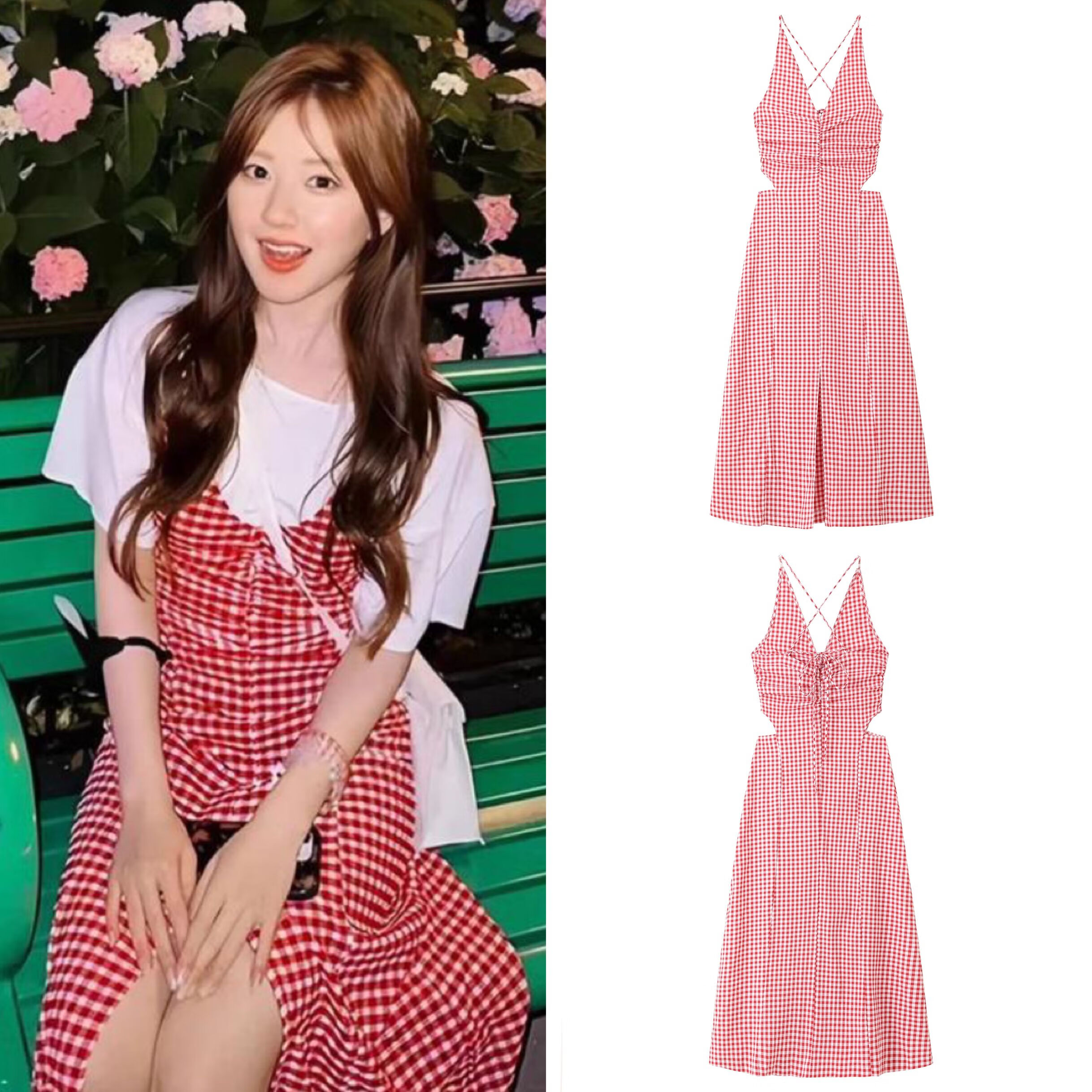 帝槿婉桑稚同款衣服明星赵露思同款衣服红色格子吊带连衣裙女v领长晟