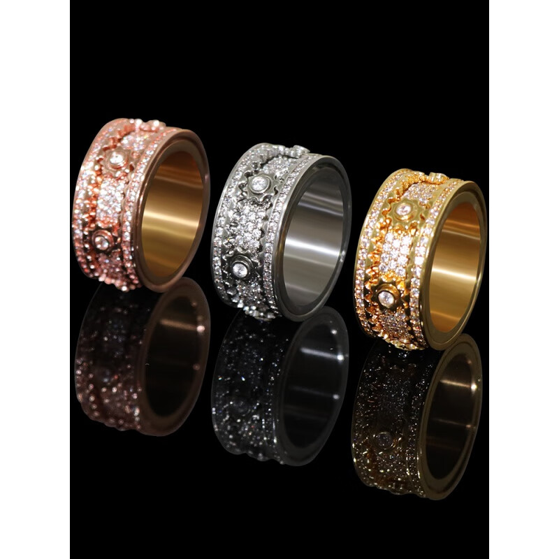 DL 1998胖东来同款时来运转戒指齿轮满钻旋转机械可转动满天星感男女 玫瑰金【满钻】 8号适合体重50-60kg