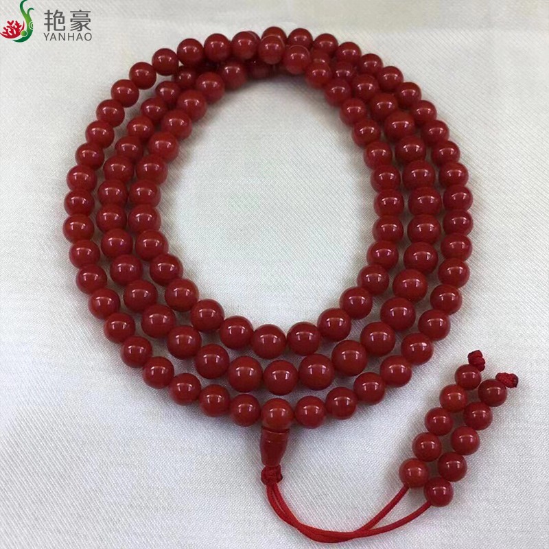 艳豪珊瑚手串佛珠牛血红色珊瑚6毫米圆珠108粒颜色好高品质整料加工无
