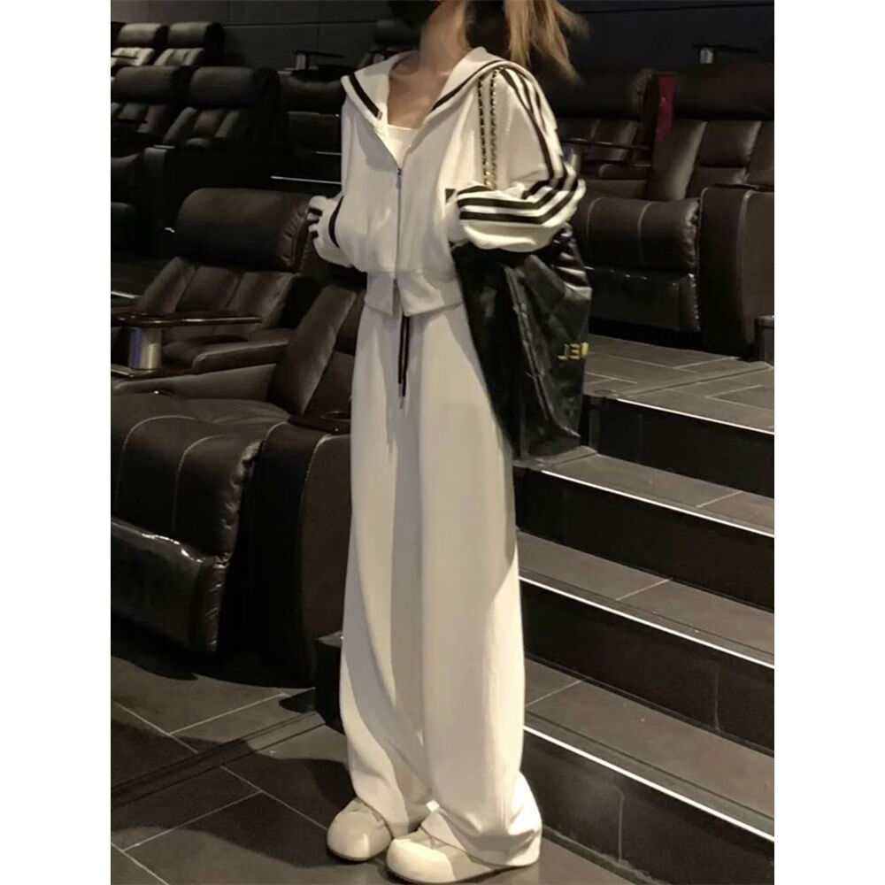 云翔四海早秋感休闲运动套装女条纹百搭卫衣阔腿裤时尚龄两件套 一套