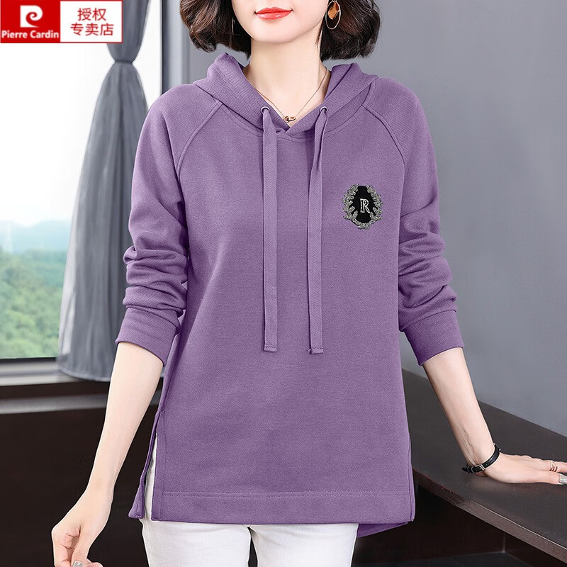 皮尔卡丹(pierre cardin)卫衣女装2025春秋新款洋气妈m连帽长袖t恤打底衫大号百搭上衣服 花灰色 M(建议85-105斤)