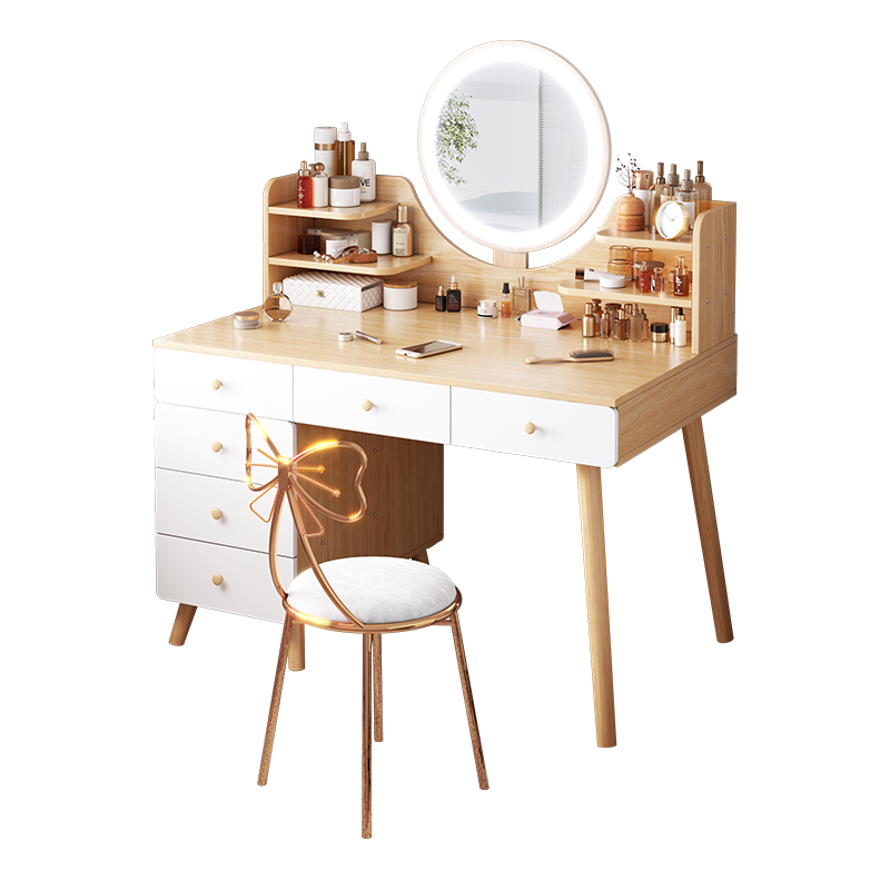米昊 梳妆台卧室简约家用北欧网红ins小户型化妆台2022年新款化妆桌子 【6抽款+LED灯+仙女椅】田园橡木色100cm
