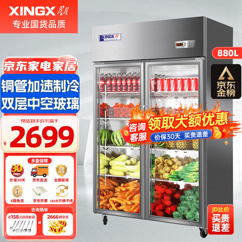 星星（XINGX）展示柜冷藏保鲜柜双开门立式冰柜 冰箱商用大容量饭店食堂厨房点菜蔬菜水果 双门铜管冷藏保鲜柜880升 BC-980Y