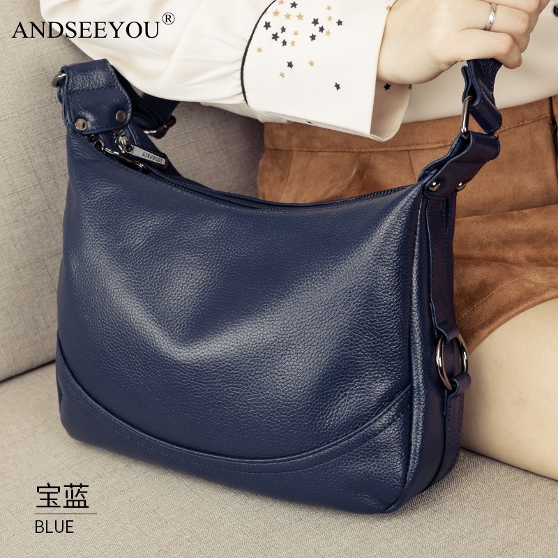 真皮斜挎包女 新款时尚百搭真皮单肩妈妈包女软头层牛皮斜背新月包