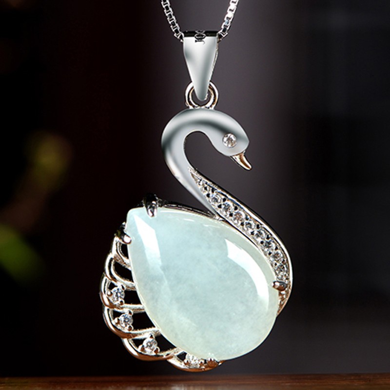 合峰a玉 新品925银镶嵌冰种翡翠挂件 优雅精致天鹅女款玉坠珠宝玉石
