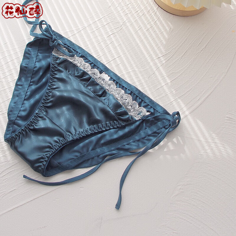 花芯珠系带内裤女蕾丝内裤女情调纯欲少女风缎面中腰日系绑带 蓝宝石