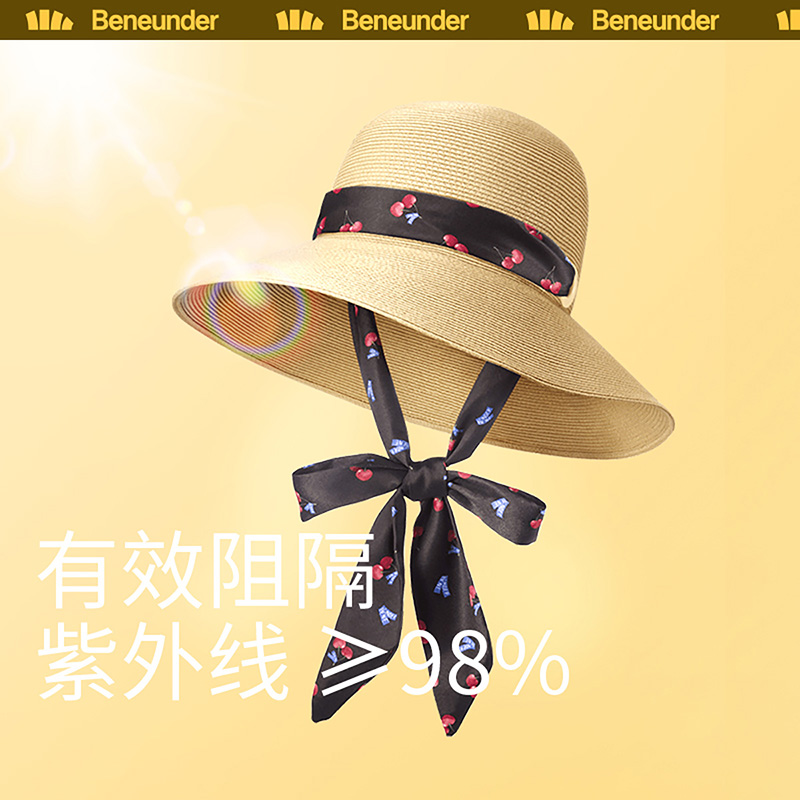 蕉下防晒帽女夏季新款渔夫帽 防紫外线遮阳帽女士太阳帽子可拆卸碎花飘带防晒草帽编织帽 柔草系列 蜜茶咖-络樱/浅雾紫