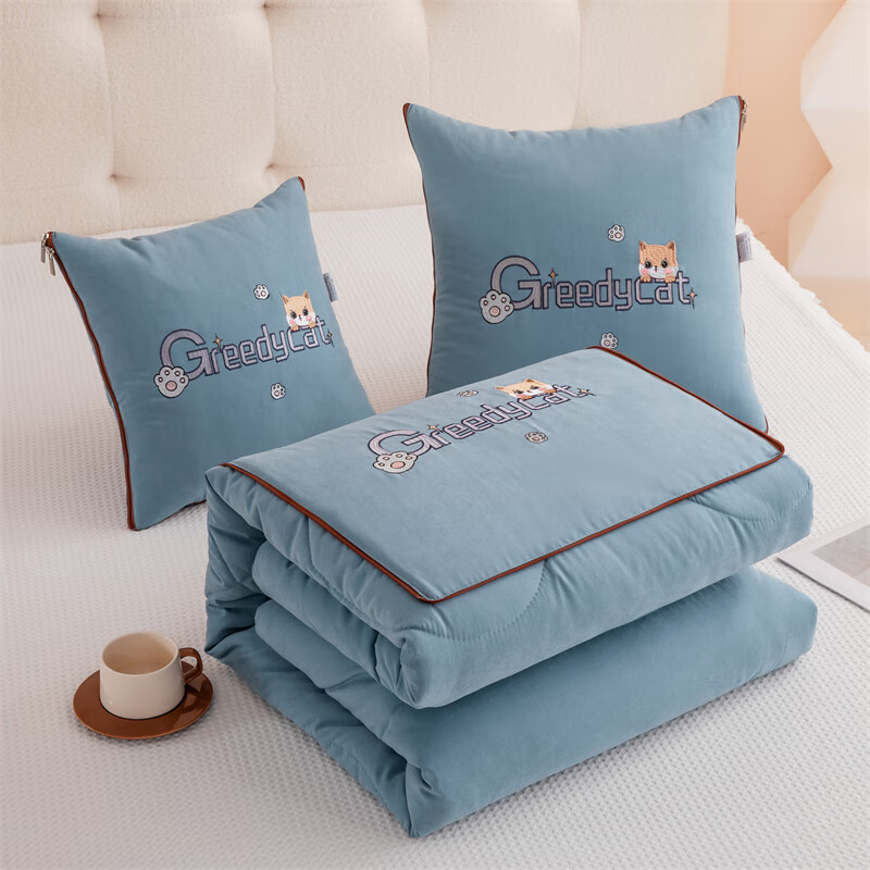 阿芙豆抱枕被子两用加厚二合一折叠汽车载枕头被办公室午睡空调被子靠枕 贪吃猫火焰蓝 40*40展开约105*145