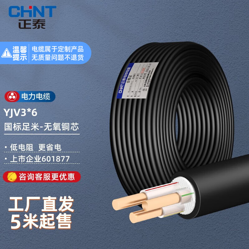 正泰（CHNT）电线电缆YJV 3*2.5三芯6平方10平方充电桩电缆线低压国标铜芯线 YJV 3*6 1米