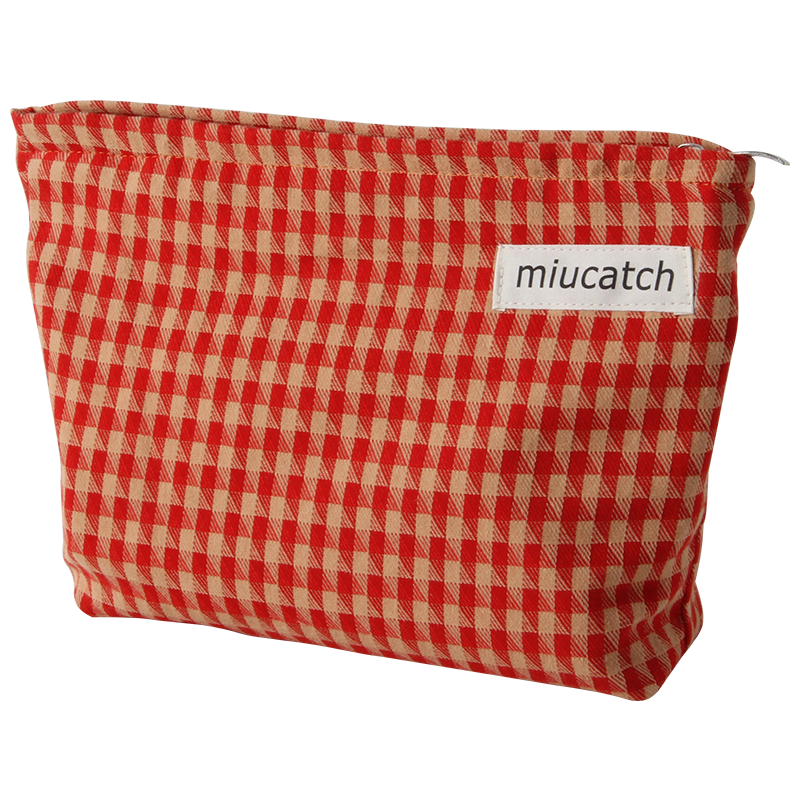 美摘miucatch本命年橘紅大紅色女孩大容量化妝包虎年帆布化妝品整理收納袋格子新年小眾款便攜內膽包 橘紅細格