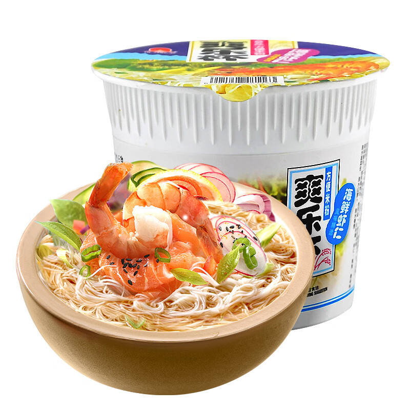 如鱼桶装速食米线广东特产非油炸免煮海鲜米粉方便面整箱批发 鲜虾味