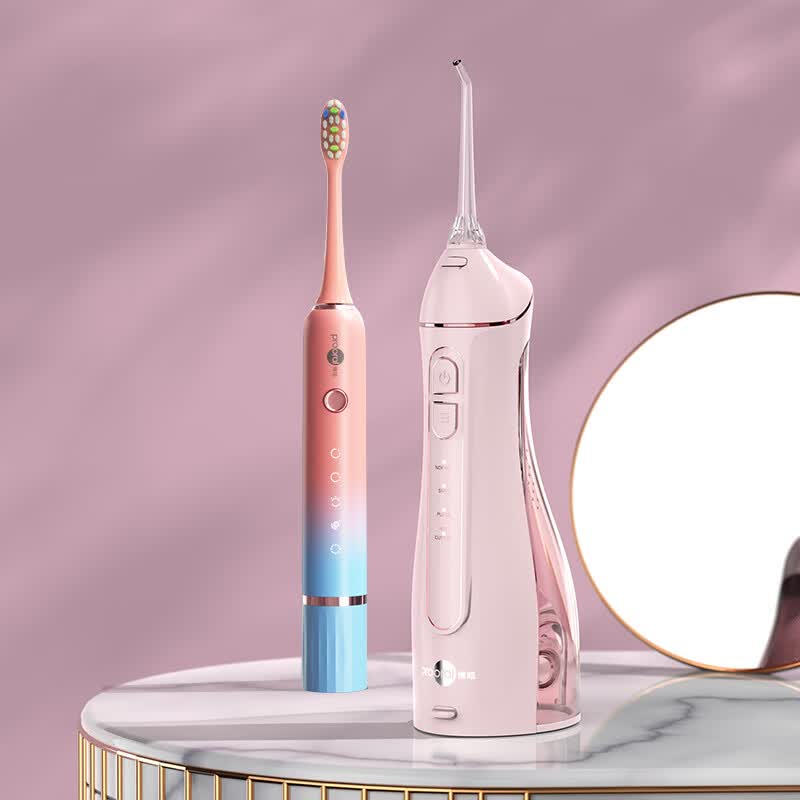 博皓（prooral）声波电动牙刷+冲牙器成人充电式护齿智能洗牙器送礼男女情侣电动牙刷 f27粉+t33粉