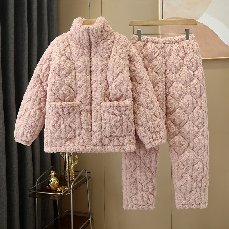 特丝格斯 法兰绒睡衣女冬季加厚套装三层夹棉袄加绒大码保暖家居服可外穿 粉色-(加厚三层夹棉) XL(适合95-115斤)