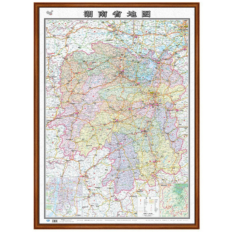 【定制边框】2022年 湖南省地图 政区交通地形 木框装裱 约1.1米*0.8米 胡桃色边框