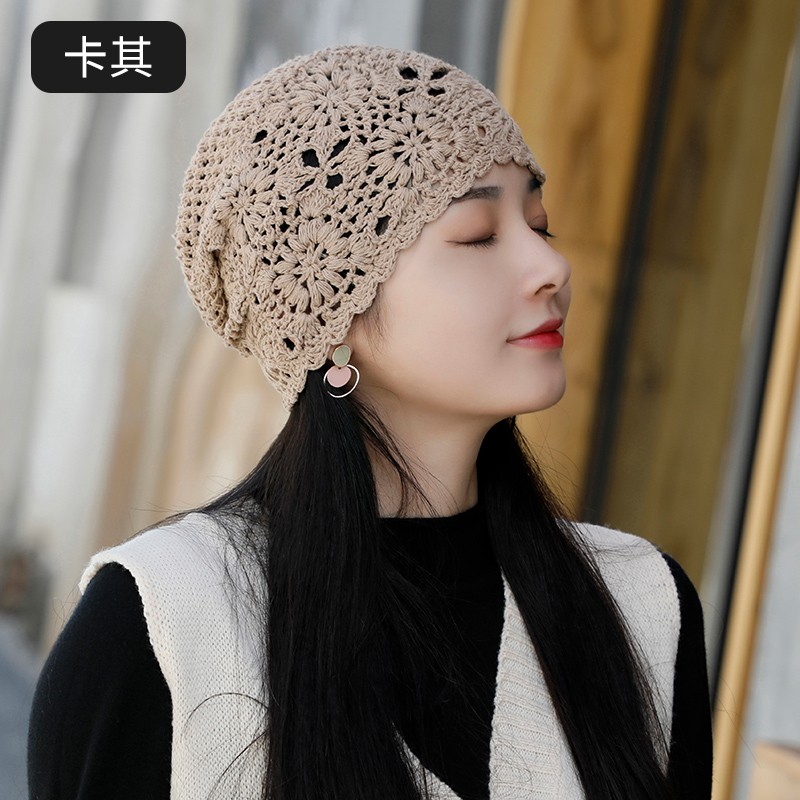 NZTK帽子女2024年春秋薄款毛線帽鏤空手工鉤花針織帽秋女士時尚包頭帽 卡其 55-58CM