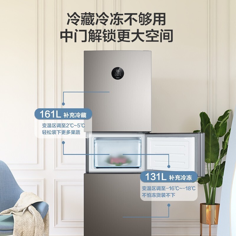 美的(Midea)247升三门冰箱一级能效双变频风冷节能冰箱智能家电BCD-247WTPZM(E)