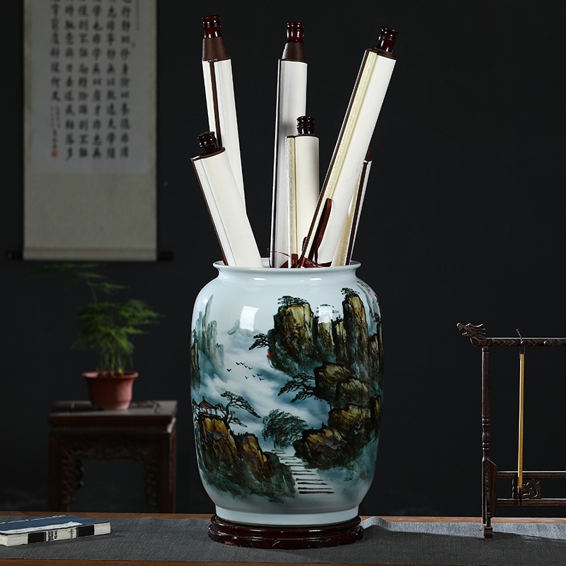 赣景旭景德镇陶瓷书画桶字画筒手绘山水卷轴收纳缸大号箭筒客厅落地