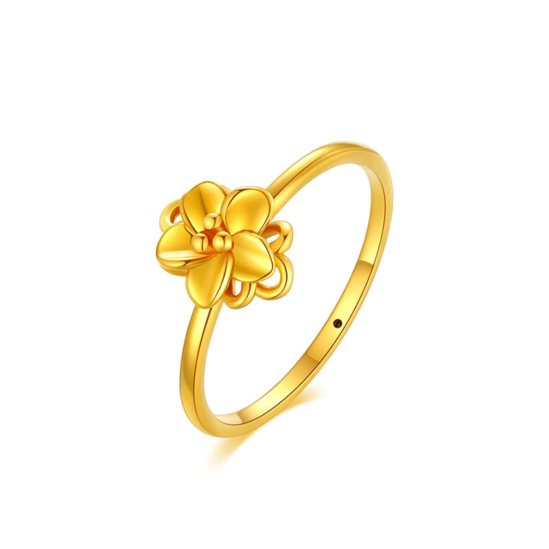18k金花朵戒指au750黄金小花戒指彩金女式素圈指环时尚潮流送情侣 黄