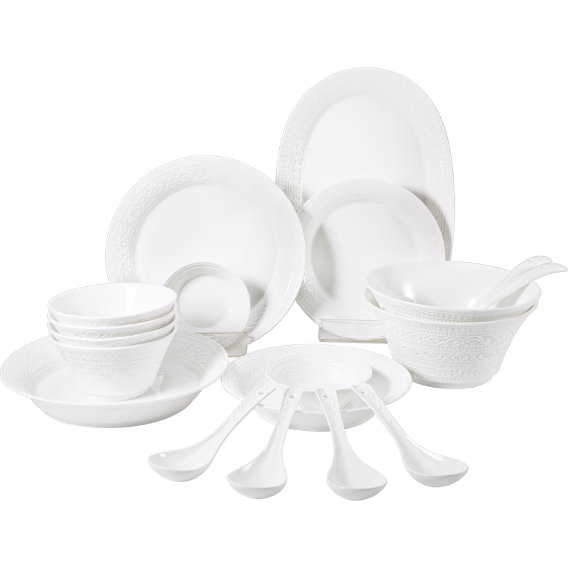 玛戈隆特 陶瓷纯白浮雕餐具整套碗碟套装事事如意系列礼盒 4人份19头
